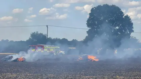 Judith Taylor A blackened field with two piles of straw which are ablaze and smoke rising. Behind the smoke is a fire engine and several firefighters.
