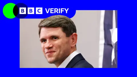 An image of James Talarico, the Democratic nominee to in the 2026 U.S. Senate election in Texas. There is blue and green BBC Verify branding in the top left. 