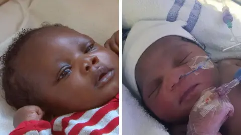 A composite image of photos provided by the Metropolitan Police. On the left is baby Harry who has wavy dark hair and is wearing a red and white striped outfit. To the right is his sister Roman. She is wearing a white hat and has a tube in her nose and a hospital drip in her hand.