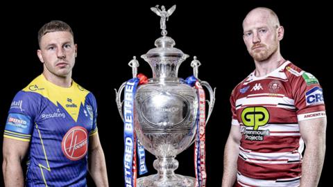 Warrington captain George Williams and Wigan captain Liam Farrell stand beside the Challenge Cup trophy