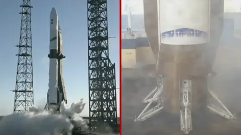 Split screen. Left, rocket takes off next to pylons. Right, the booster stage touches down on an ocean landing stage.