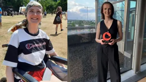 The first image in this photo montage shows Lucy Wiswould-Green smiling while sitting in a wheelchair and with a headscarf surrounded by other people, grass and trees. The second image shows her in a dark waistcoat top and trousers, smiling and holding an award