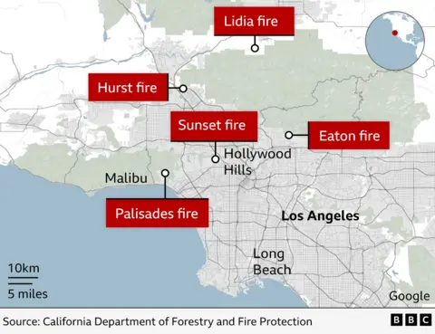 Map showing location of five fires around Los Angeles and their proximity to Malibu, Hollywood Hills and Long Beach.