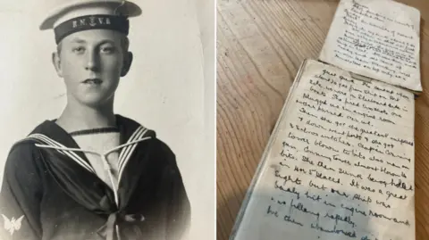 Un montaje de dos fotografías de Henrietta Sandford. A la izquierda hay una fotografía en blanco y negro de un joven James Simpson con uniforme naval, incluida una gorra bordada con las letras RNVR. A la derecha hay dos páginas del diario de James Simpson colocadas sobre una mesa de madera, que muestran escritura a mano con tinta negra sobre papel ligeramente cubierto de blanco.