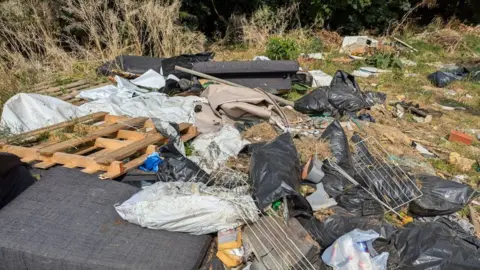 Image shows a large patch of grass covered in rubbish. There multiple black bags, a wooden pallet, sofa cushions and washing lines.