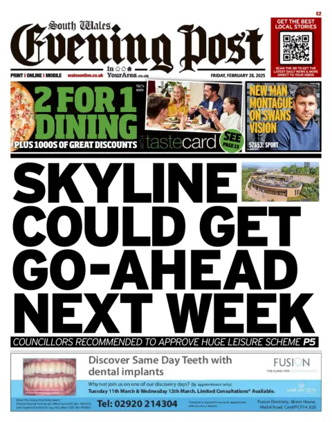 South Wales Evening Post South Wales Evening Post front page. The main headline reads: "Skyline could get go-ahead next week" 