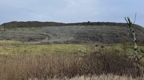 An image of the Clayton Hall landfiill site, there is rough scrub land in the foreground, with the mound of waste in the background. The sky is a grey/blue colour