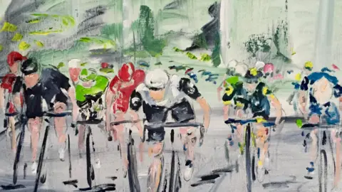 Garth Bayley A oil on canvas painting showing more than 10 cyclists off the saddle racing forward. They are wearing a variety of brightly coloured jerseys.