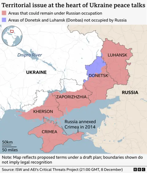 Map of eastern Ukrainian territories under Russian occupation