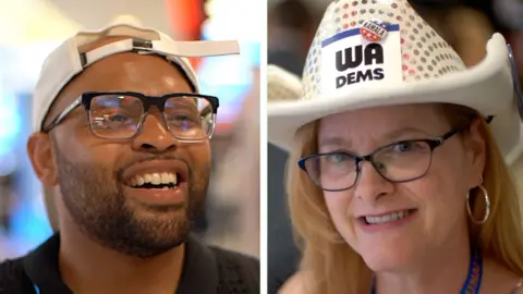 Split screen showing young male and woman wearing cowboy hat