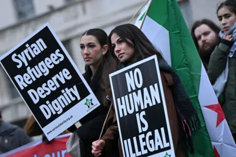 Two female protesters hold Syrian flags and placards reading: "Syrian refugees deserve dignity" and "no human is illegal".