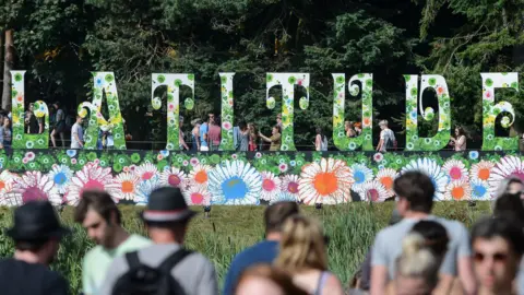 The famous flora Latitude Festival sign, In the foreground there are people with blurred faced.