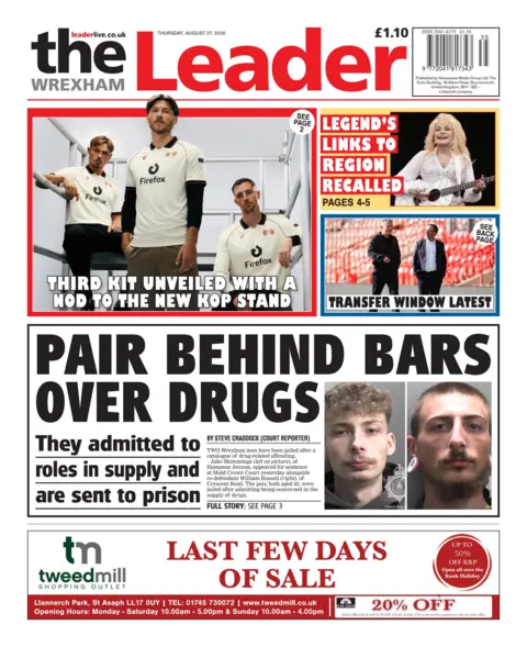 The Wrexham Leader Front page of The Wrexham Leader. The headline reads 'pair behind bars over drugs' with a sub headline, which reads 'they admitted to roles in supply and are sent to prison'. Mug shots of two men are next to the text. Above is a picture of Wrexham football players with the headline "Third kit unveiled with a nod to the new Kop stand".
