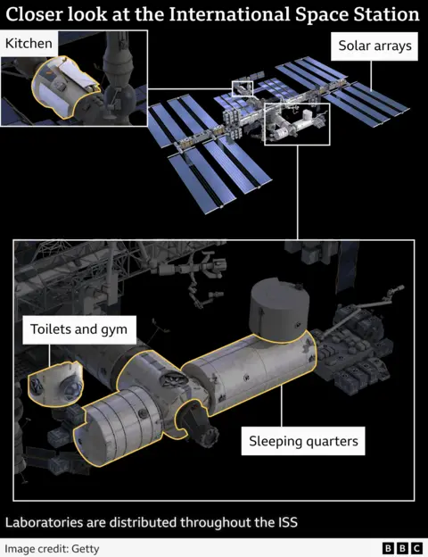 A graphic showing the components of the International Space Station