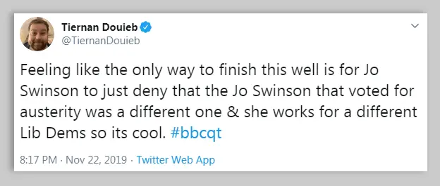 Twitter Tweet in response to Question Time Leaders Special