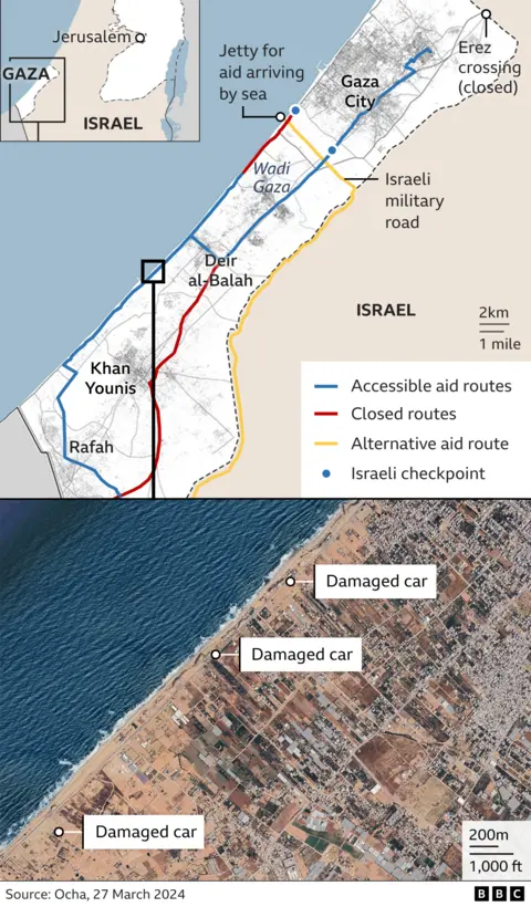 Two maps. The first one is a map of gaza. It uses coloured lines to show ‘accessible aid routes’, ‘closed routes’, ‘alternative aid routes’ and ‘Israeli checkpoint’. The second picture is a satellite image of the strike area. The positions of three damaged cars are highlighted.