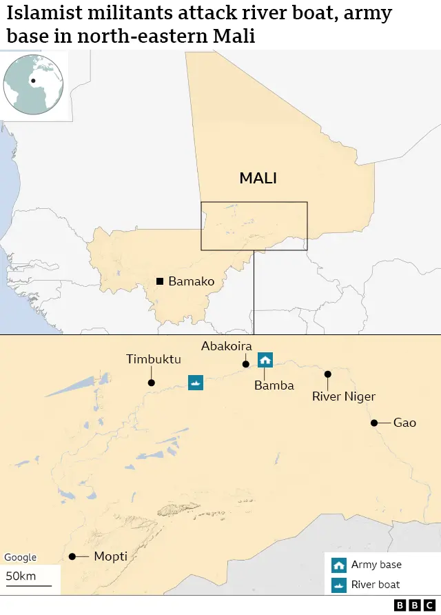 map of Mali showing where the boat and army cam were attacked