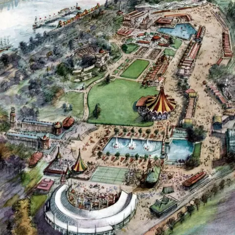 Getty Images Festival of Britain Exhibition, Festival Pleasure Gardens in Battersea Park. An artist's impression. from The Illustrated London News, May 12, 1951(Photo by Bridgeman via Getty Images)