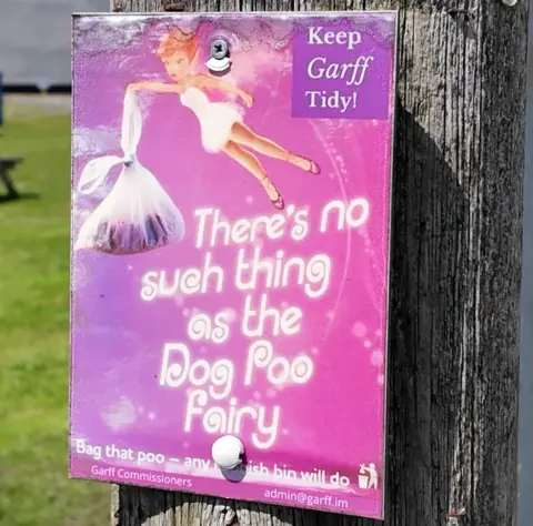 'There's no such thing as the dog poo fairy' a sign reads on a post on Laxey beach front. It's accompanied with an image of a fairy flying holding a dog poo bag.