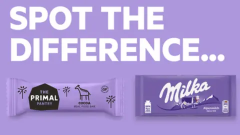 Nurture Brands The Primal Pantry's bar and a Milka chocolate bar