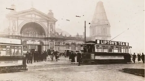 Alexandra Palace North East Office Building pictured behind the Lipton's tea tram