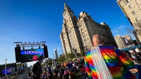 Eurovision fans at the Pier Head in Liverpool