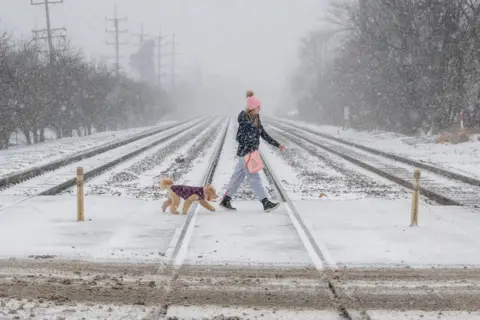 Stephen Chung / Alamy Stock Photo A woman walking her dog crosses train tracks as heavy snowfall begins in a western suburb of Chicago, 22 December 2022