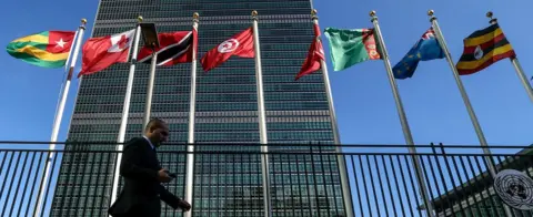 Getty Images Image shows flags outside the UN headquarters in New York City