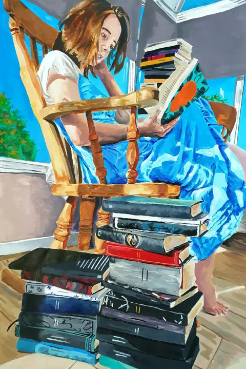  Charlotte Cater A painting of girl reading a book whilst surrounded by books