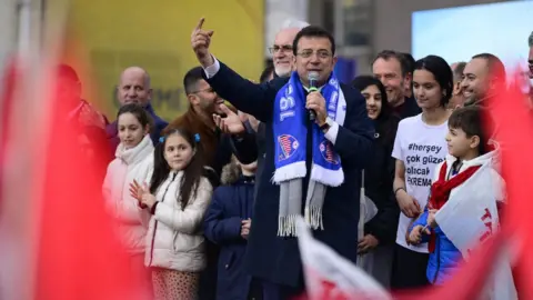 EPA Istanbul Mayor Ekrem Imamoglu of the main opposition Republican People's Party (CHP) addresses the supporters during an election campaign rally in Istanbul on March 22, 2024, ahead of the municipal elections of March 31. (Photo by Yasin AKGUL / AFP) (Photo by YASIN AKGUL/AFP via Getty Images)
