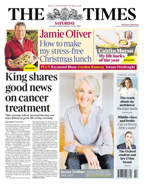 "King shares good news on cancer treatment," reads the headline on the front page of the Times.