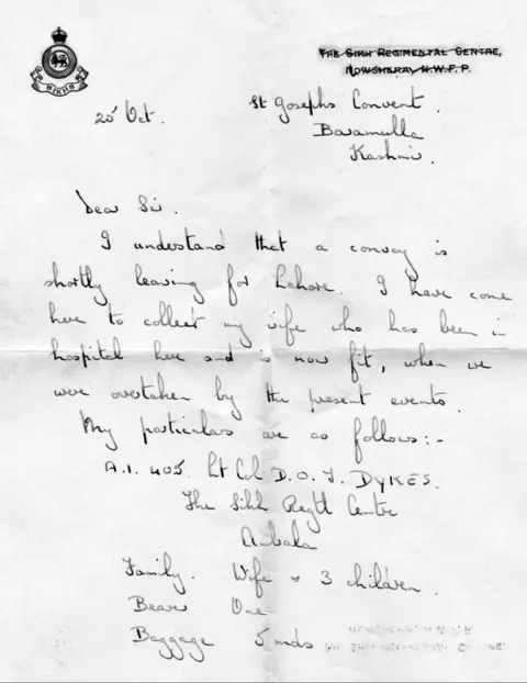 Letter from Col Tom Dykes (courtesy of Fiona Shipley)