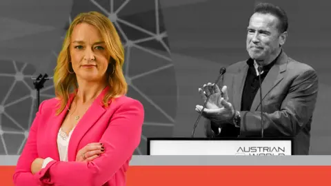 BBC/Reuters Composite image of Laura Kuenssberg and Arnold Schwarzenegger