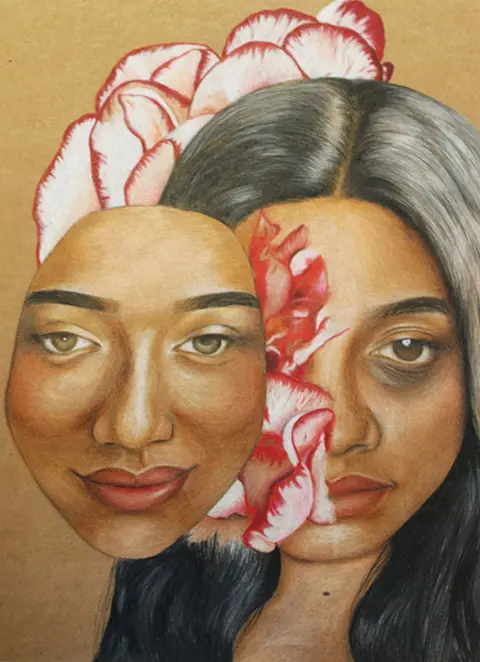 Moksha Butpandra A piece of art showing a colour pencil drawing of a tired woman taking off a mask that shows her happy