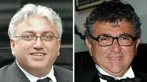 Robert and Vincent Tchenguiz, in a collage of two individual photographs. Robert, on the left, has gray hair and glasses and vincat, on the right, has dark hair and glasses and wears a warm coat.