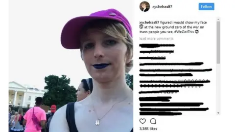 @xychelsea87 photo of Chelsea Manning with message "Figured I would show my face at the new ground zero of the war on trans people you see #WeGotThis