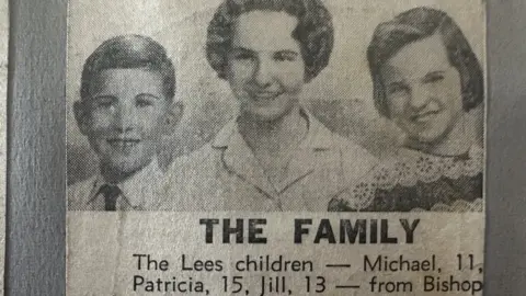 Family photo Black and white photos of Michael Lees, Jill Tovey and their mother in a newspaper cutting