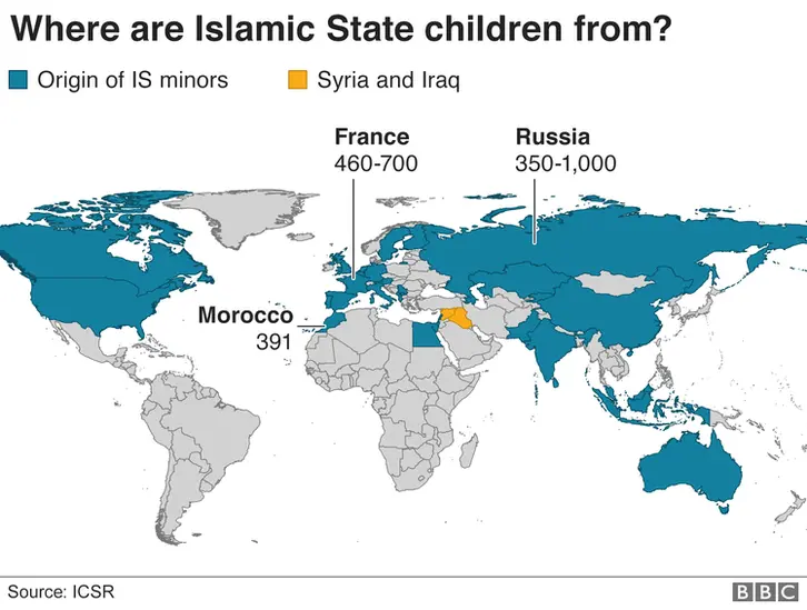 A map of the world showing where IS children are from