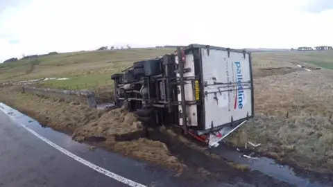 North News and Pictures HGV on its side in Northumberland