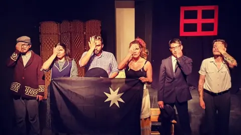 Daniela Benavides Actors holding hands over their eyes