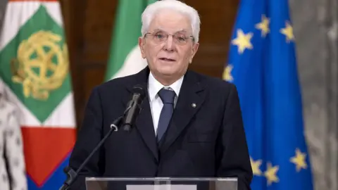 President Sergio Mattarella speaks after his re-election on Saturday evening