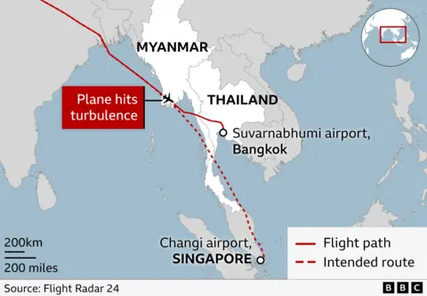 Map showing that the plane was passing over Myanmar when it hit turbulence and was then diverted to land at Suvarnabhumi airport in Thailand.
