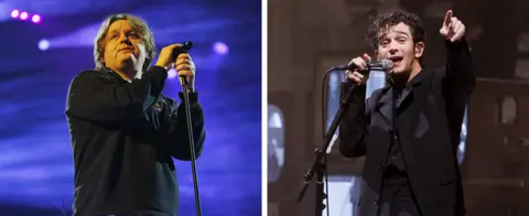 Getty Images A split picture of Lewis Capaldi on stage, looking away from the camera, and The 1975's Matty Healy on stage. Matty is pointing at the camera