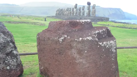 Terry Hunt Pukao and standing Moai in distance