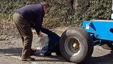 Video grab of Chris Makin dragging Andrew Mason away from the cherry-picker