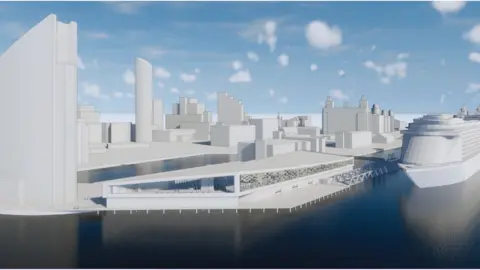 Liverpool City Council CGI image of the proposed terminal with a sloping roof design