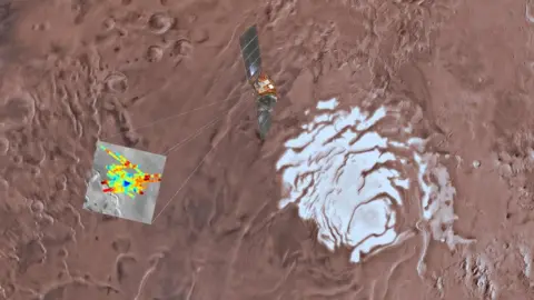 USGS Astrogeology Science Center, Arizona State Un The white ice cap of the South Polar Layered Deposit with radar data superimposed. Each band changes colour according to the intensity of the signal - a clear area of blue is visible.