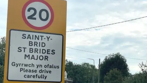 BBC 20mph sign in St Brides Major