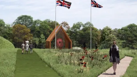 BBC An artist's impression of the Poppy of Honour memorial with people walking nearby