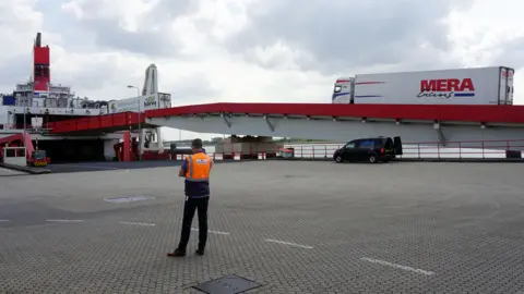 Lorries getting on a ferry going to the UK from Rotterdam